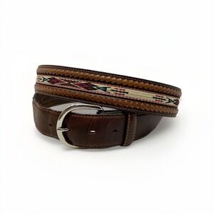 Vtg Silver Creek Belt Mens 46 Brown Leather Woven Native Embroidery Southwestern